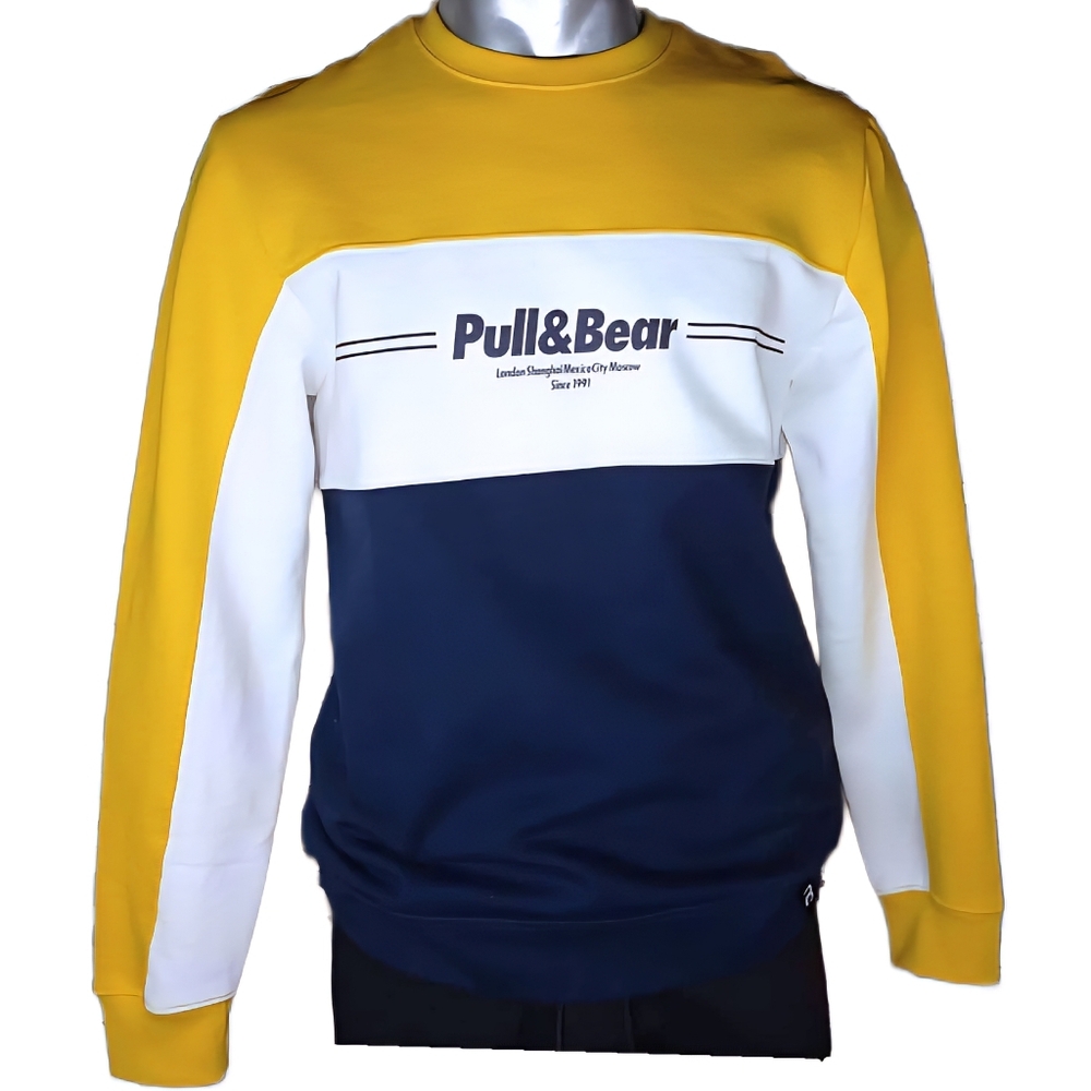 Pull&Bear Men's Crewneck Sweater in Yellow, White, and Navy Size XL‎ EUC